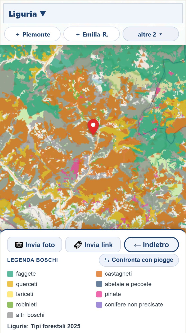 La mappa boschi dal telefono intorno a Borzonasca, col segnaposto rosso e sotto la legenda degli otto gruppi