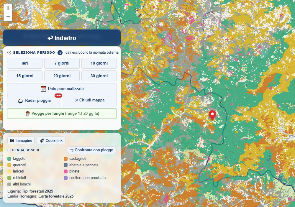 La mappa boschi in Val d'Aveto, fra Liguria ed Emilia: faggete in verde, castagneti in arancio, querceti in ocra, col pannello della legenda