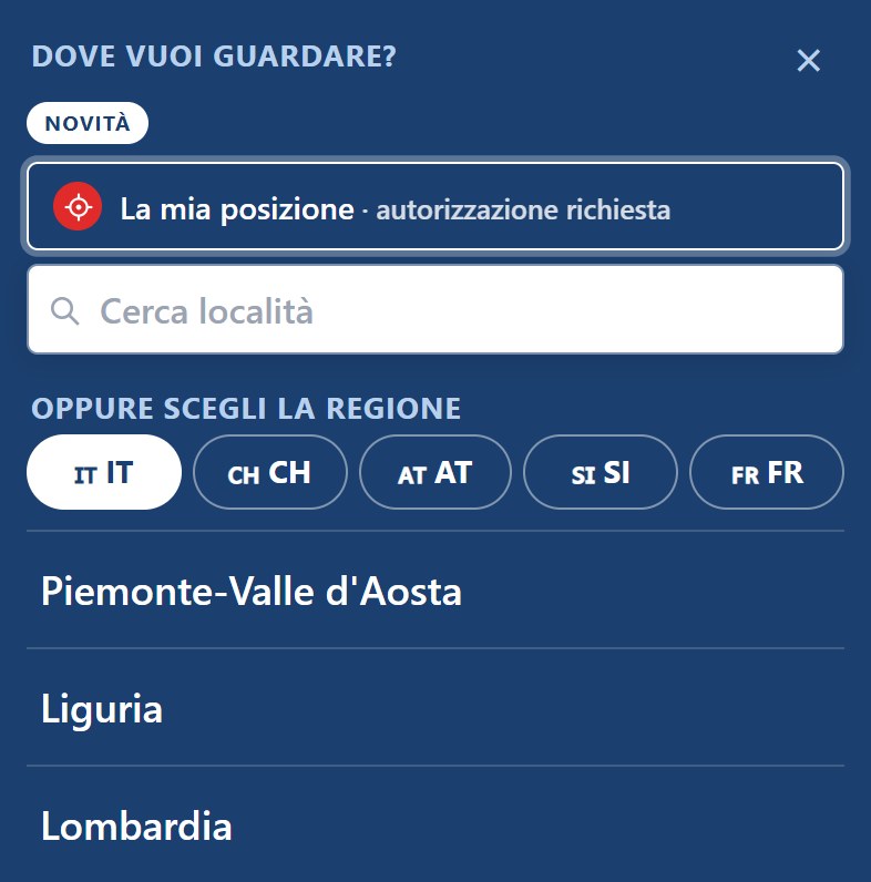 Il pannello «Dove vuoi guardare?» con il tasto La mia posizione e la casella Cerca località