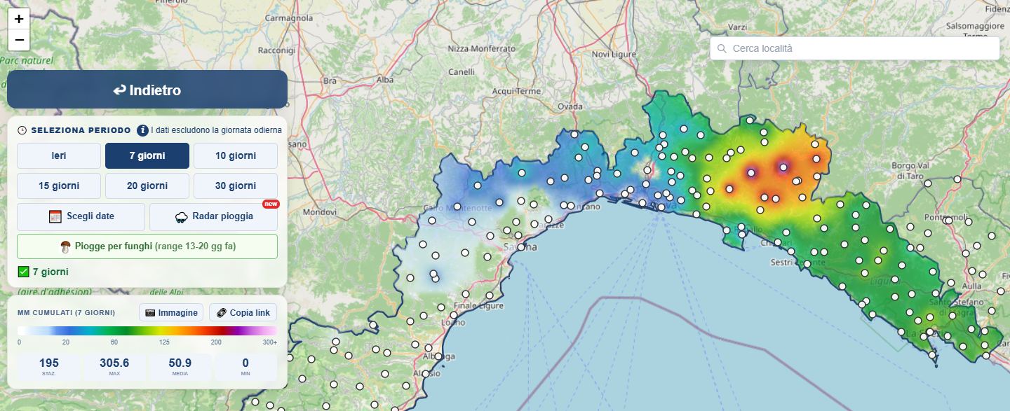 La mappa della Liguria a 7 giorni: la sfumatura dei colori, i pallini dei pluviometri e il pannello della legenda