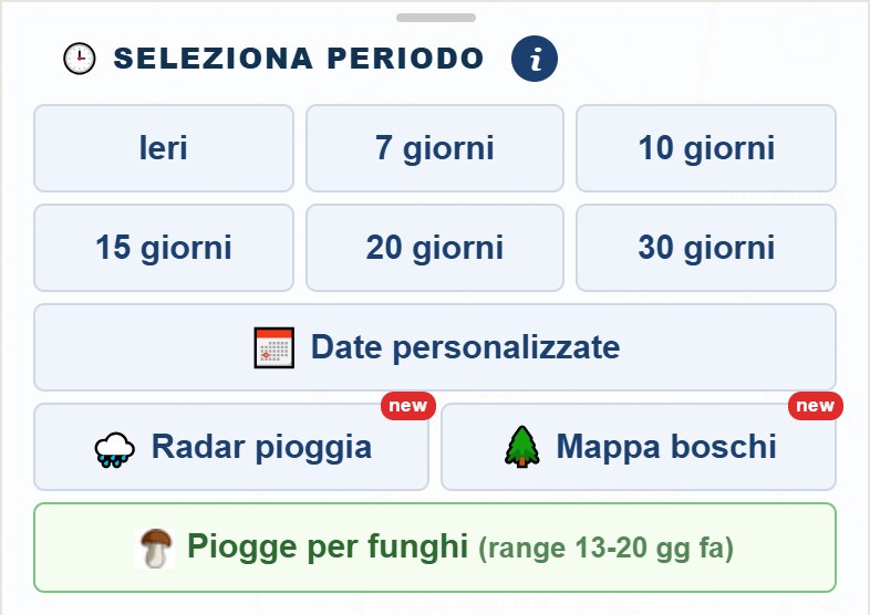Il pannello del periodo: Ieri, 7, 10, 15, 20, 30 giorni, Date personalizzate, Radar pioggia, Mappa boschi e Piogge per funghi