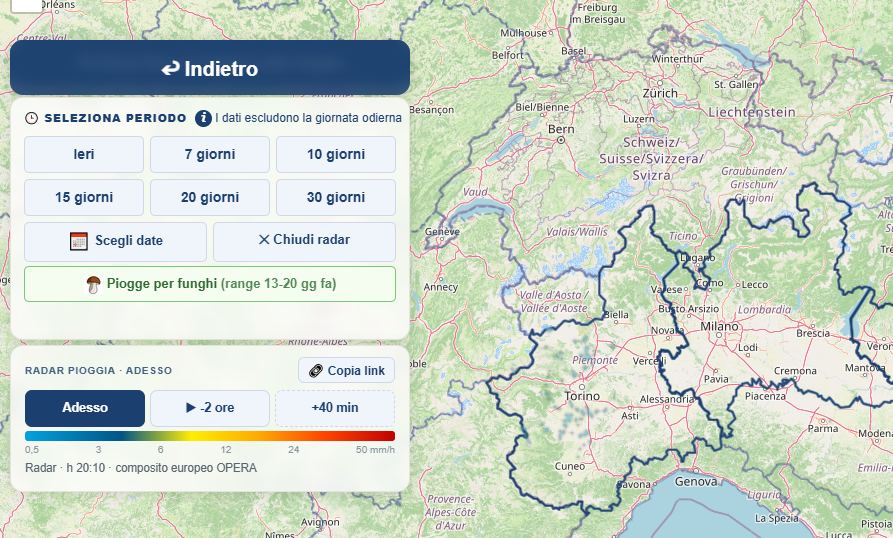Il pannello della diretta radar con i tasti Adesso, meno due ore e più quaranta minuti e la scala in millimetri all'ora