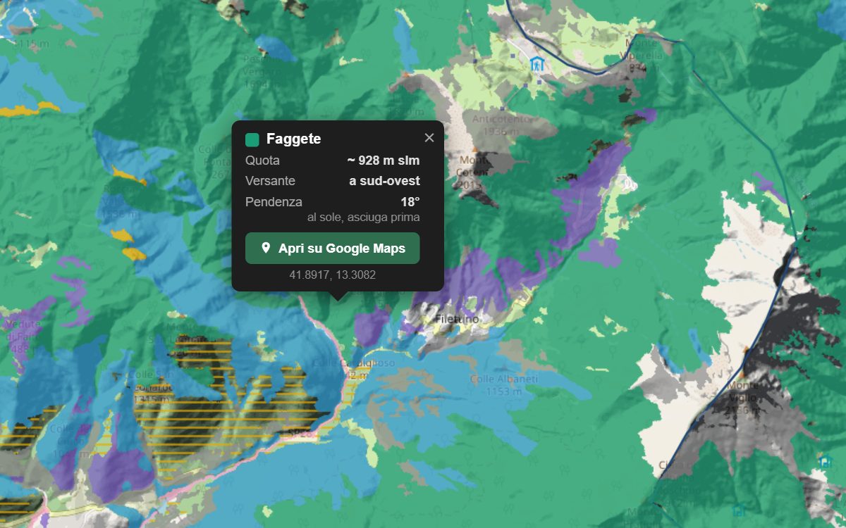 La mappa forestale dei Monti Cantari da vicino, con la nuvoletta di un bosco