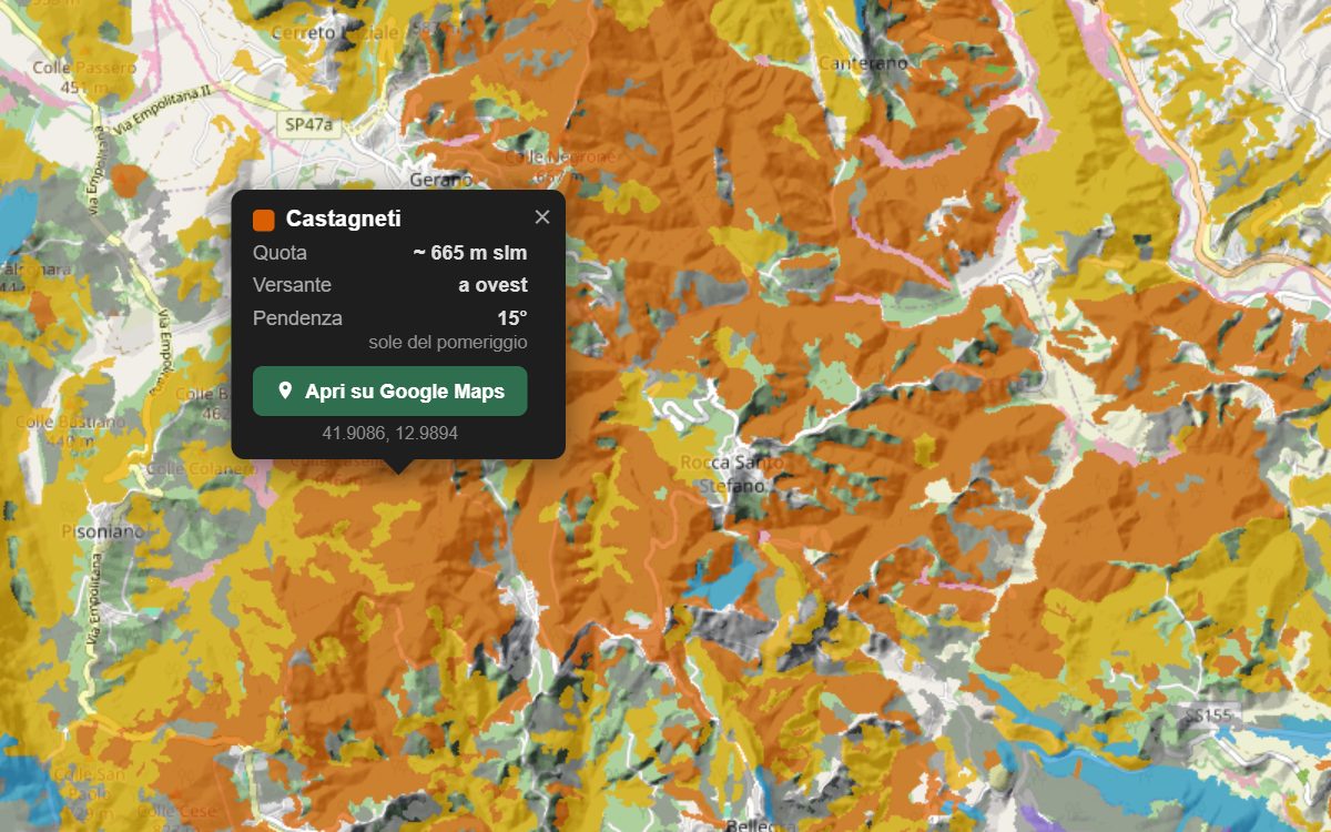 La mappa forestale dei Monti Prenestini da vicino, con la nuvoletta di un bosco