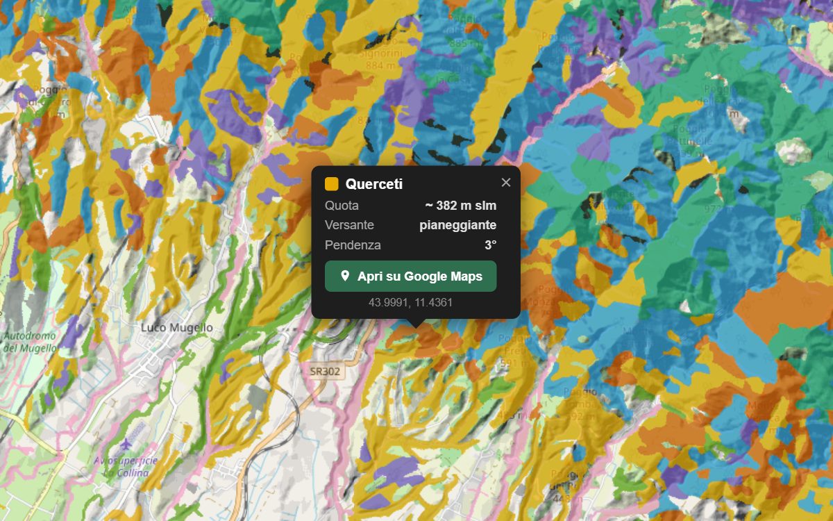 La mappa forestale del Mugello da vicino, con la nuvoletta di un bosco