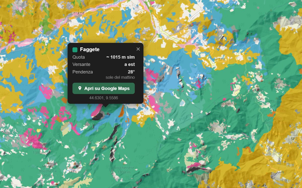 La mappa forestale della Val Nure da vicino, con la nuvoletta di un bosco