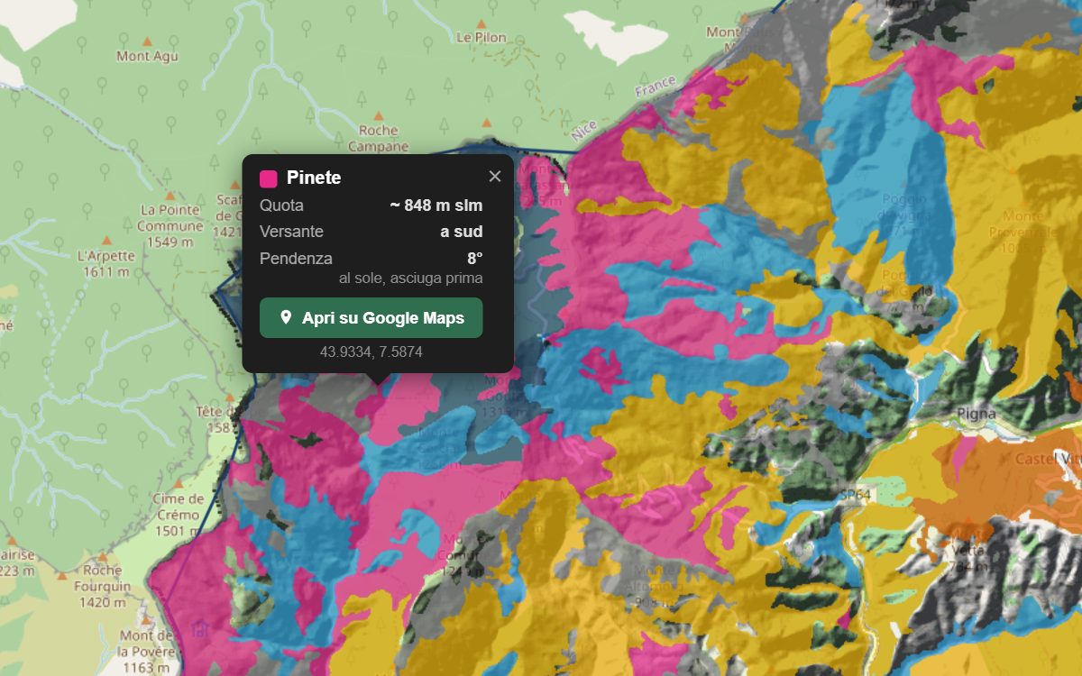 La mappa forestale della Val Roia da vicino, con la nuvoletta di un bosco