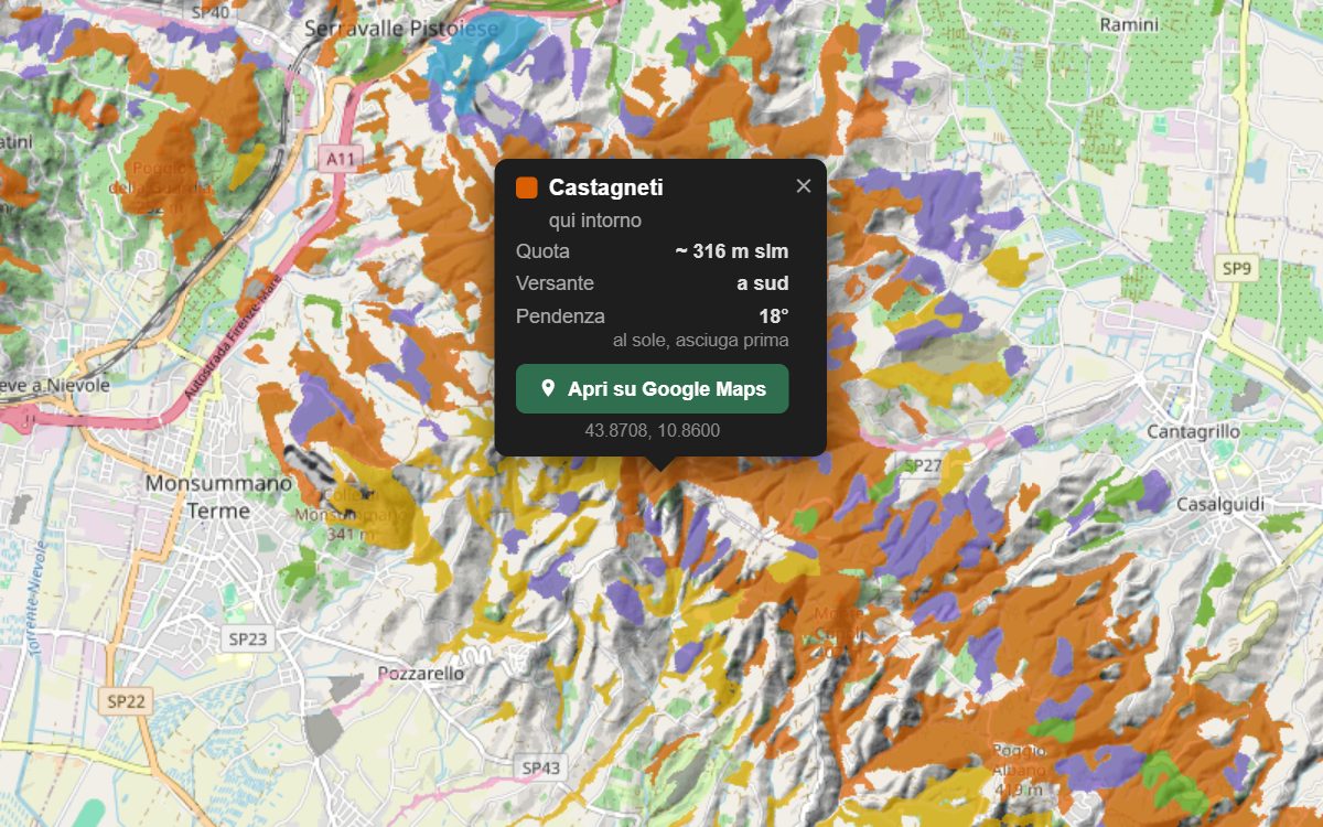 La mappa forestale della Valdinievole da vicino, con la nuvoletta di un bosco