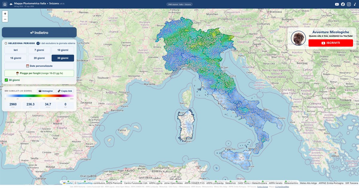La mappa delle precipitazioni in Italia: ogni pallino è un pluviometro