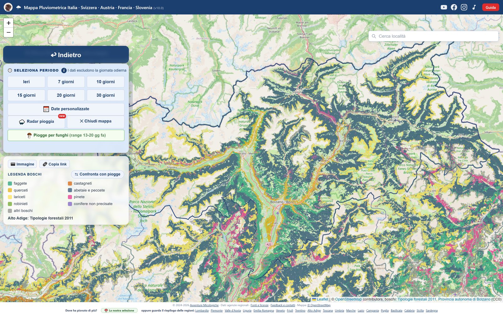 La mappa boschi in Alto Adige: faggete, castagneti, querceti e abetaie colorati per tipo