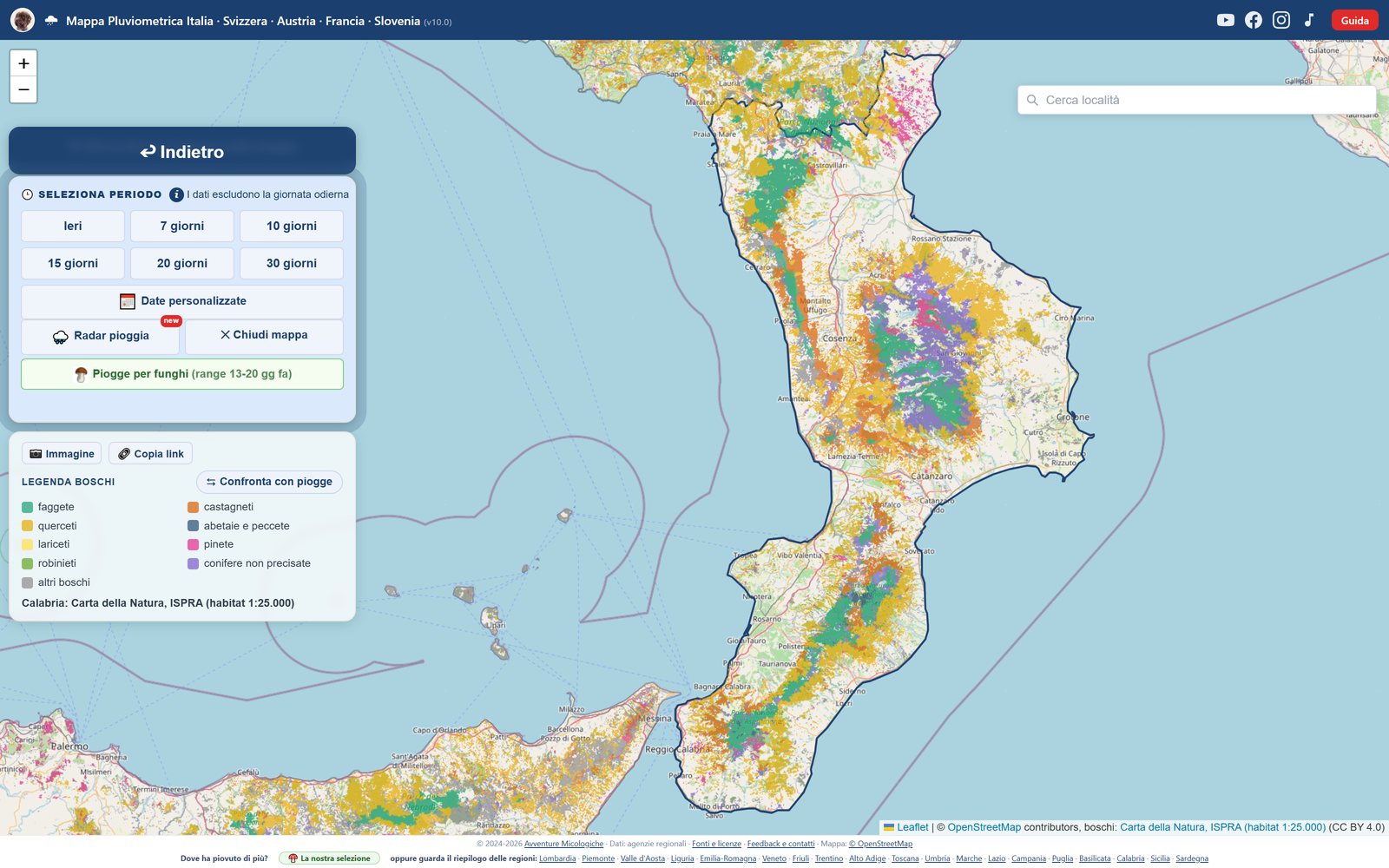 La mappa boschi in Calabria: faggete, castagneti, querceti e abetaie colorati per tipo