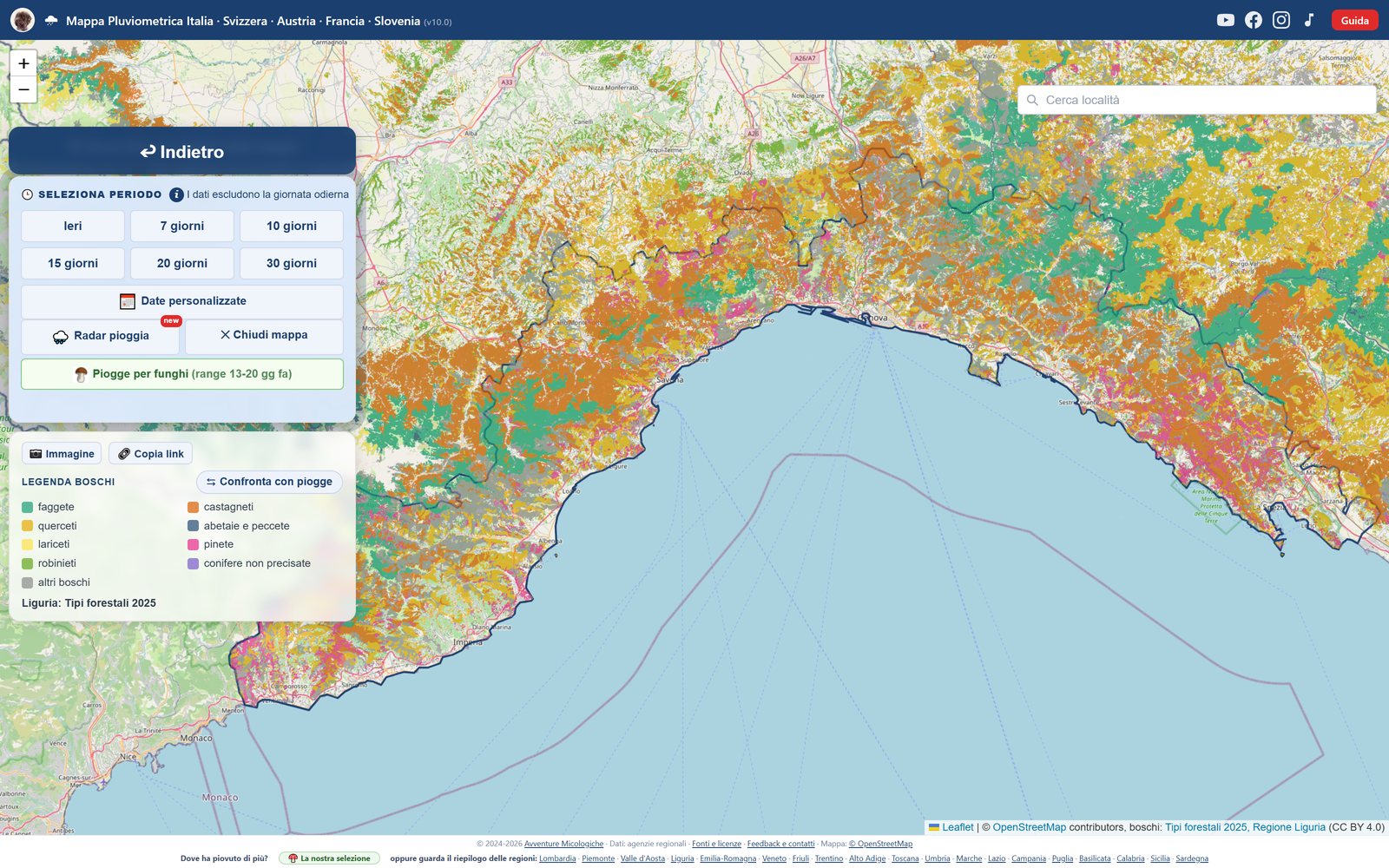 La mappa boschi in Liguria: faggete, castagneti, querceti e abetaie colorati per tipo