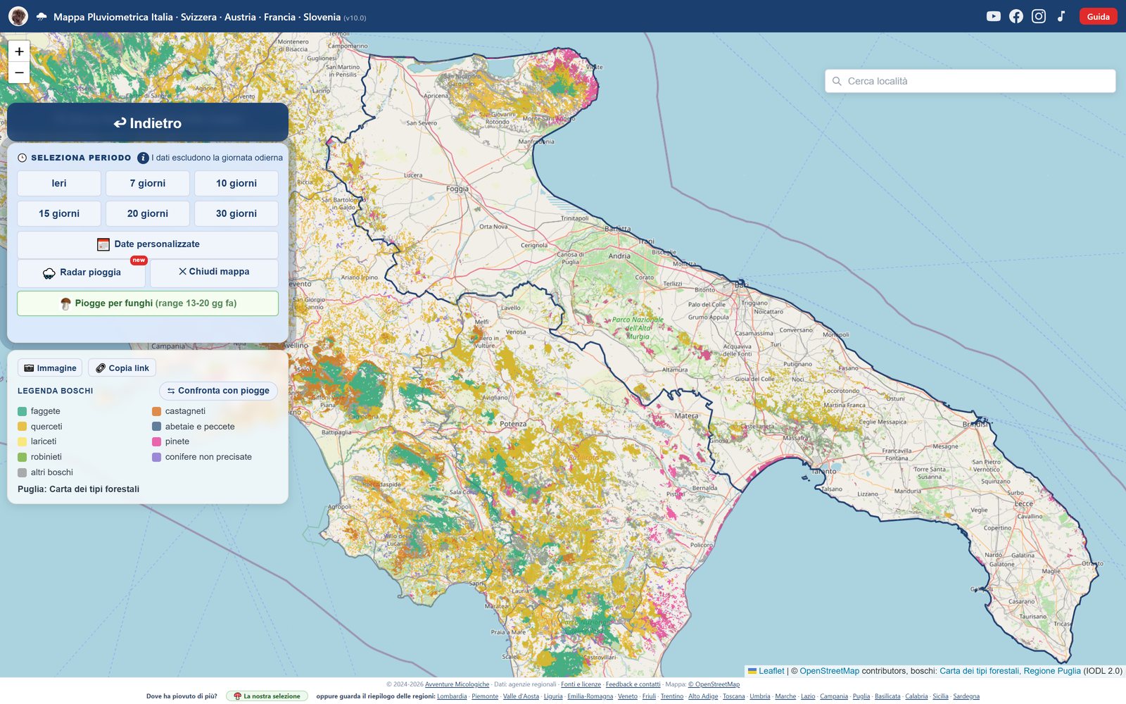 La mappa boschi in Puglia: faggete, castagneti, querceti e abetaie colorati per tipo