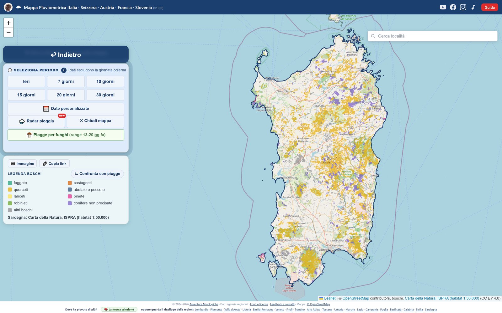 La mappa boschi in Sardegna: faggete, castagneti, querceti e abetaie colorati per tipo