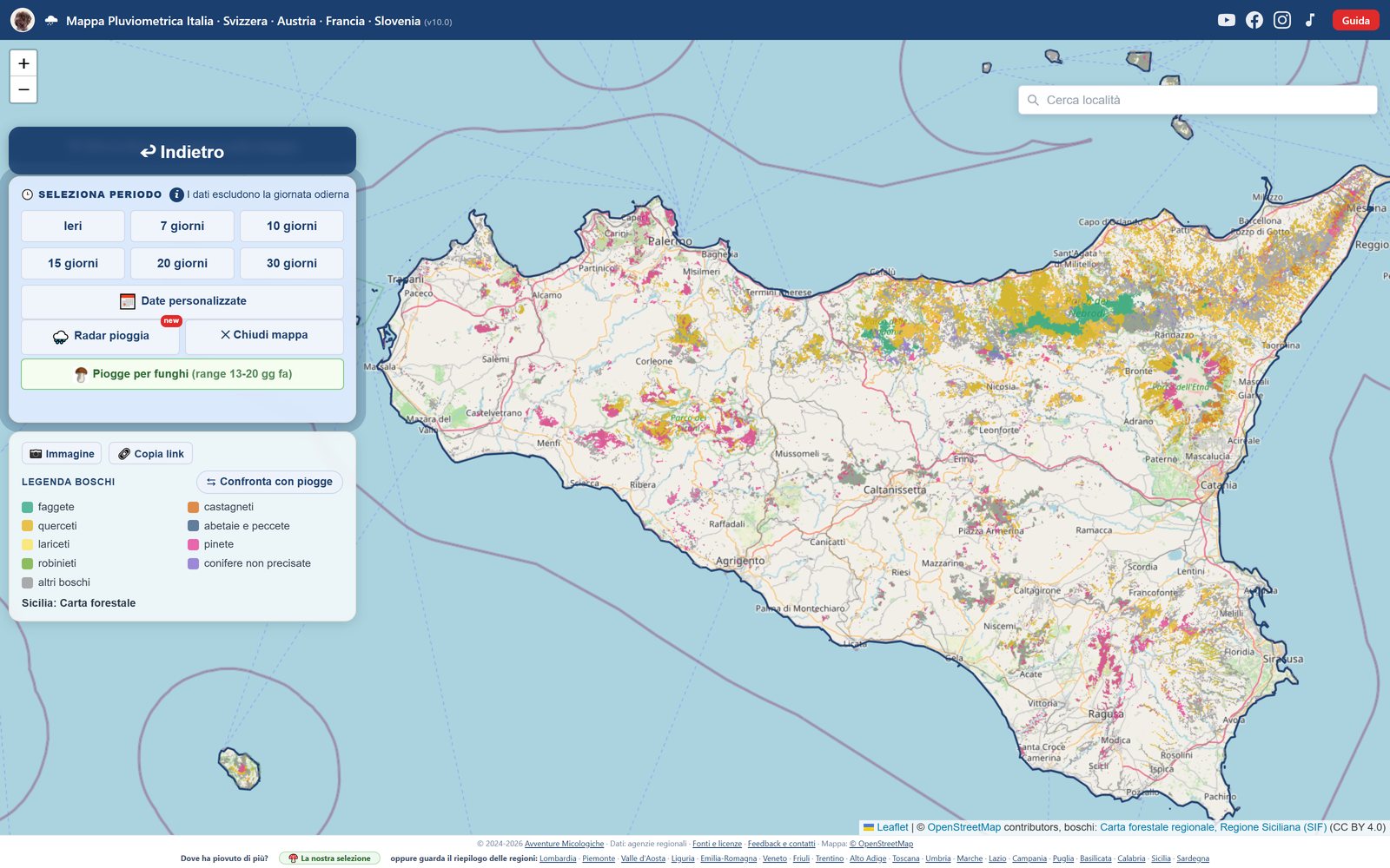 La mappa boschi in Sicilia: faggete, castagneti, querceti e abetaie colorati per tipo