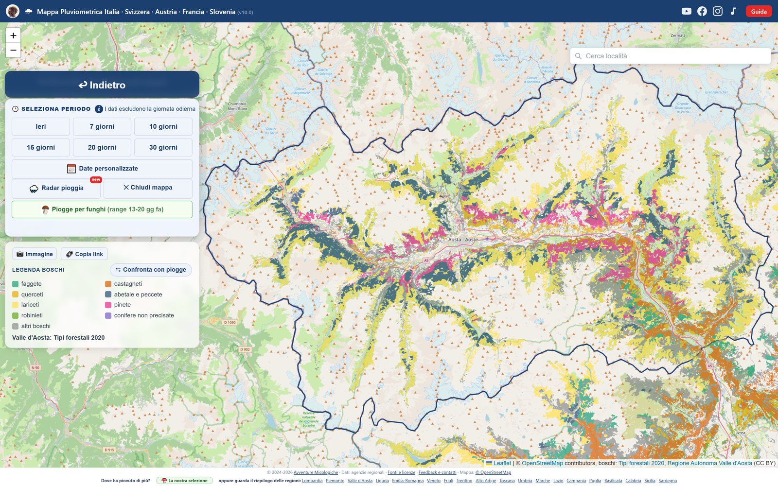 La mappa boschi in Valle d'Aosta: faggete, castagneti, querceti e abetaie colorati per tipo