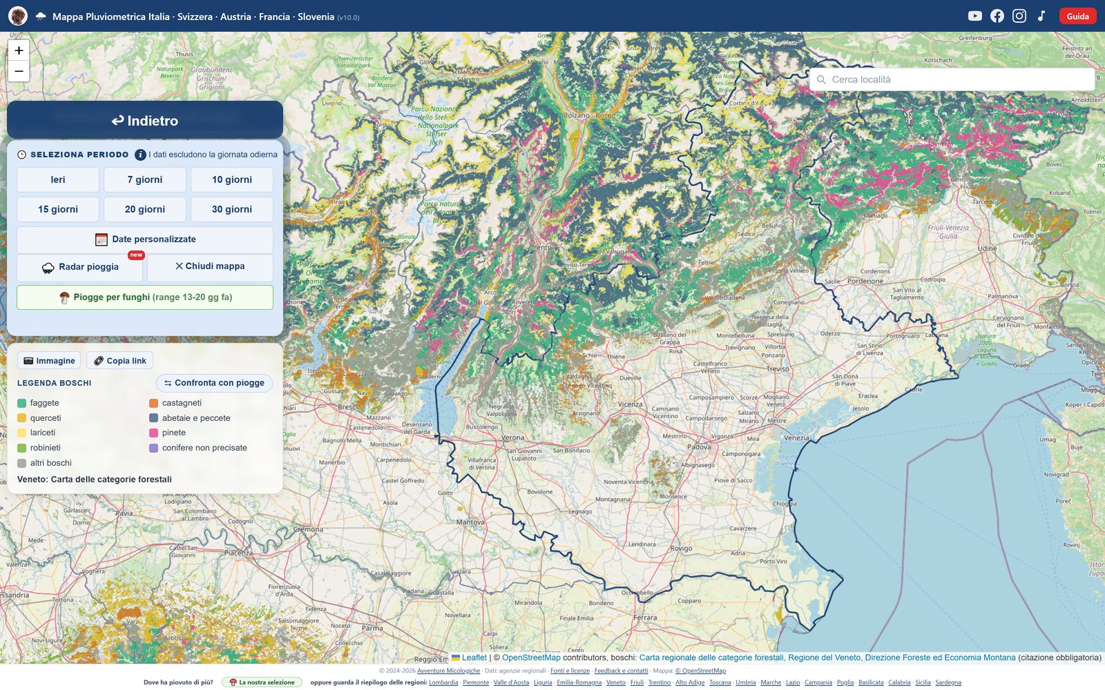 La mappa boschi in Veneto: faggete, castagneti, querceti e abetaie colorati per tipo